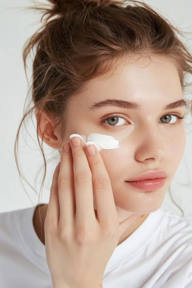 woman-applying-cream-cheek-indoors
